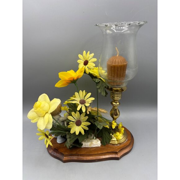 Vtg Brass Hurricane Candle Holder Yellow Floral Porcelain Boy w/ Lamb - Picture 4 of 5